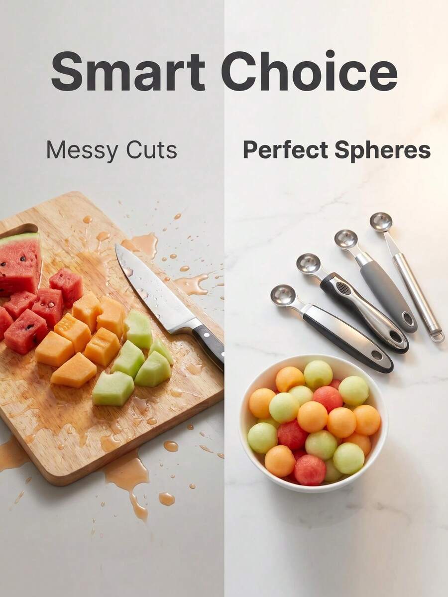 Stainless Steel Melon Ball Spoon: Features A Rust-Proof, Sturdy And Durable Design With A Comfortable Grip. Suitable For Scooping Melons, Watermelons, Ice Cream And Other Fruits, As Well As For Decorating Fruit Platters. - Multicolor - View 1