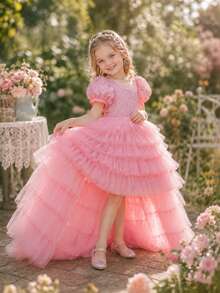 KAFEIBEI Young Girls Elegant Sequin Flower Girl Dress, Layered Tulle High-Low Princess Gown For Wedding, Birthday Party, Pageant & Formal Events - Dusty Pink - View 3