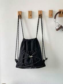Tas Serut Hitam, Ransel Serut Multifungsi Kapasitas Besar, Gaya Olahraga Modis, Cocok Untuk Sekolah, Bepergian, Penggunaan Kasual Sehari-hari, Desain Lucu - Hitam - View 8
