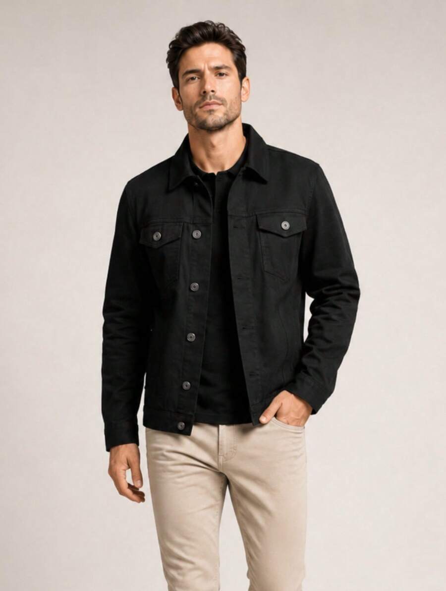 Jaqueta Jeans Masculina Preto Moderna Estilo Casual Homem Denim Moda Outono Inverno - Preto - Visão 1