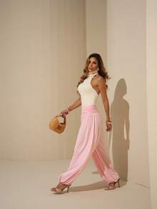 Calça Aladim Malha Fluity Elegante Cintura Alta Fashion - Rosa Bebê - Visão 2