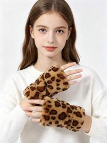 1 Pair Of Winter Half-Finger Leopard Print Gloves, Comfortable And Warm, Essential For Winter Cycling, Office Work, And Outdoor Activities. - Multicolor - View 3