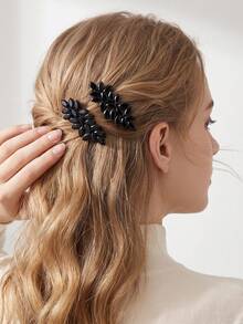 2pcs Black Rhinestone Leaf Spring Hair Clips, Vintage Dark Style Side Bangs Clips, Alloy Rhinestone Studded Hair Accessories - Black - View 4