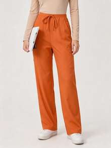 Women's Solid Color Pocket Straight Fit Scrubs Nurse Scrubs Workwear Dentist Healthcare Pet Hospital Laboratory Pants Fall - Orange - View 5