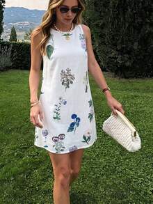Vuslat 女款夏季純色休閒隨機印花圓領無袖短款白色洋裝，適合度假、花園、派對、聚會、海灘、休閒短裙、辦公室、通勤、開學季、墨西哥遊行、鄉村音樂會 - 白色 - 查看 4