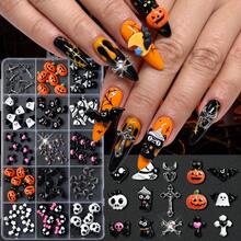 15-Grid Cute & Spooky Halloween Mixed Nail Art Charms, 3D Resin Pumpkin, Ghost, Black Cat, Bat, Bow, Skull & Silver Cross Alloy Nail Studs, Cute Gothic Style Mini Nail Decorations, Holiday DIY Nail Art Supplies - Multicolor - View 11