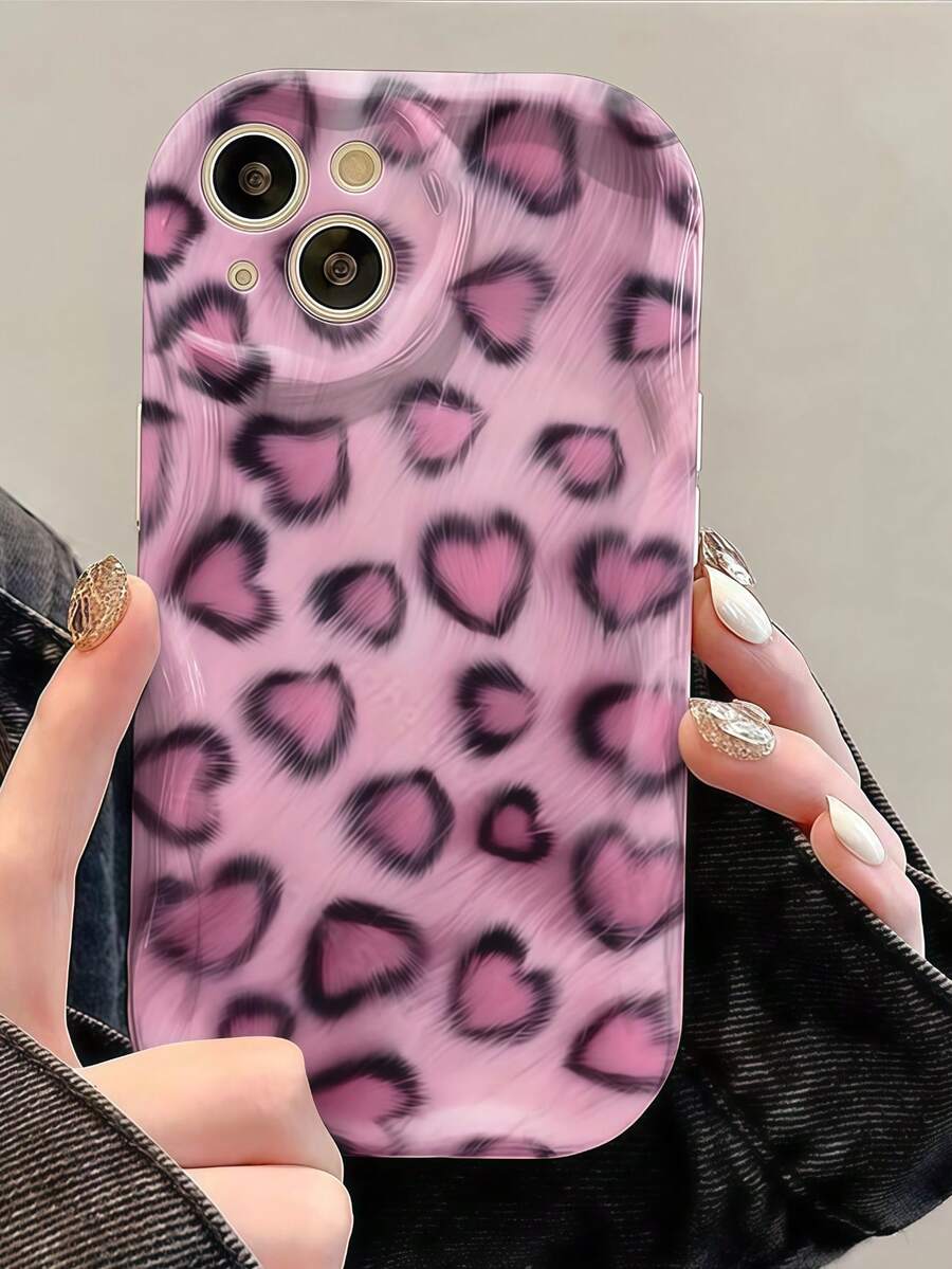 1pc Creamy Big Wave Ins Style Minimalist Gentle Personalized Pink Leopard Print Heart Pattern Phone Case, Milky White Wavy Full Coverage Lens Soft Shell Compatible With Samsung, Series Phones - White - View 1