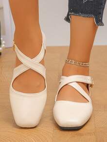 Plus Size 35-43 Beige Women's Classic Minimalist Fashion Smooth Leather Cross Strap Vintage Metal Buckle Side Hollow Square Toe Flat Mary Jane Shoes, Lightweight Comfortable Non-Slip Wear-Resistant Versatile For Daily Commute And Casual Wear, Spring/Summer - Beige PU-x Cross Strap - View 6