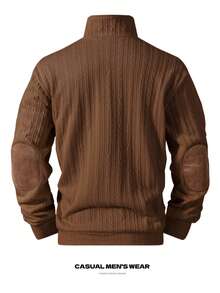 Men's Jacquard Fabric T-Shirt, Textured V-Neck Long Sleeve T-Shirt, Autumn/Winter - Coffee Brown - View 4