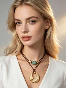 1pc Bohemian Spiral Rose Metal Pendant Necklace, Double Layer Wax Cord With Beads Short Choker Neck Decor, Atmospheric Layering Accessory, Christmas Halloween Outfit Jewelry, Gift For Girlfriend Best Friend Elder Holiday - Short - View 9