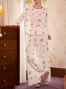 Gongdie Disney Women's Cute Cartoon Print Button-Up Top And Loose Wide Leg Frill Trim Pajama Pants Set - Beige - View 8