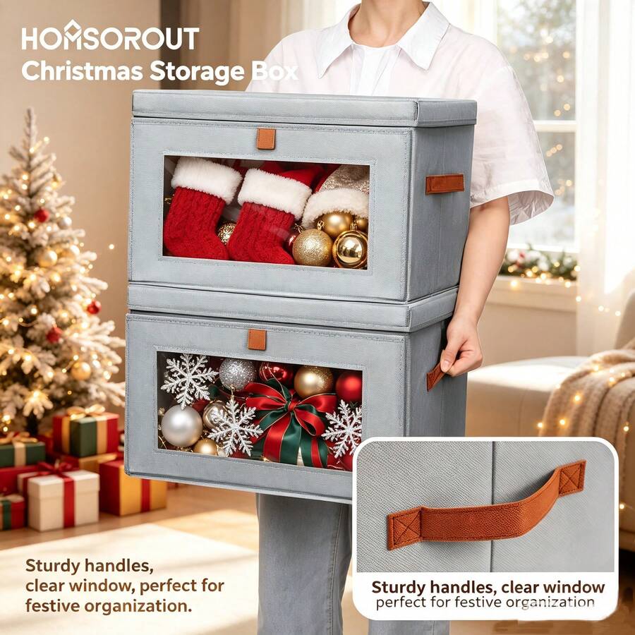1pc Foldable Christmas Storage Box With Transparent Front Window, Stackable Fabric Holiday Decor Organizer Bin With Sturdy Leather Handles And Dust Cover, Suitable For Christmas Stockings, Ornaments, Ribbons And Holiday Supplies - Multicolor - View 1