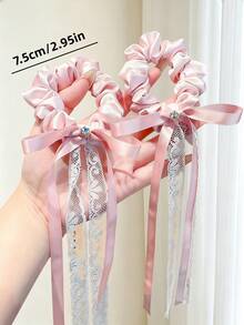 4/2pcs Rhinestone Lace Satin Ribbon Scrunchies, High Elasticity Non-Damaging Hair Accessories, Sweet And Cute Hair Ties - Suitable For Girls And Women, Daily, Vacation, School, Dating - Multicolor - View 8