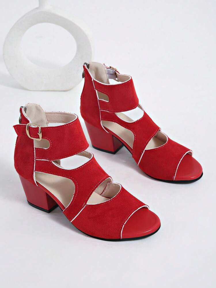 Women's New Spring/Summer Fashion Comfortable Red Faux Suede Hollow-Out Chunky Heel Ankle Strap Sandals, Fine Matte Velvet Material, Multi-Layer Hollow-Out Cutout Breathable Design, Peep Toe Style For Slim Feet, Wide Ankle Strap With Gold Square Metal Buckle For Adjustable Fit, Hidden Back Zipper For Easy On/Off, Matching Color Square Chunky High Heel For Stability And Height, Minimalist Commute Gentle Style, Suitable For Skirts, Suits, Casual Pants, Spring/Summer Commute, Travel, Dating, Versatile Hollow-Out Chunky Heel Back Zipper Sandals - Red - View 2