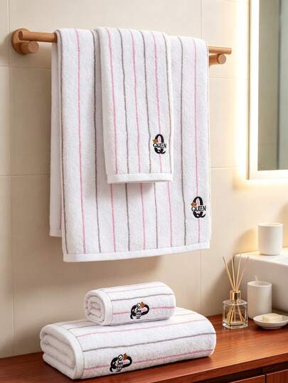 QIBHI Cotton Terry Striped Towel, Pure Cotton 100% Striped Romantic Couple Style Bathroom Towel Or Bath Towel, Home Bathing Absorbent, Beach Towel, Suitable For Bathroom, Hotel, Gym, Beach, School, Back To School, Home Essentials, Towel, Skin Care