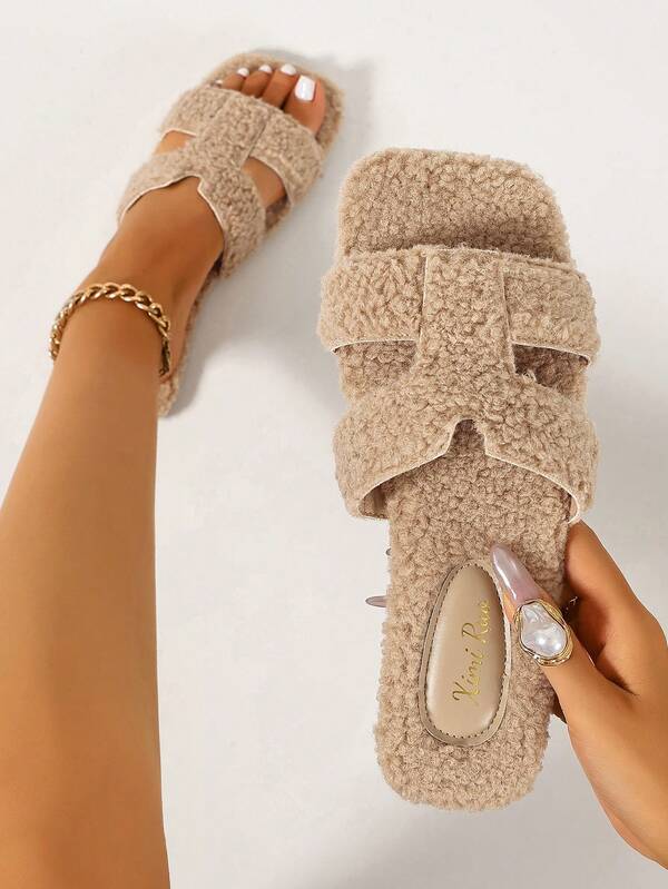 Ximi Ruo Women's Solid Color Flat Fuzzy Slippers, Casual Vacation Shoes, Beach Home Slippers, Outdoor Wear, Autumn/Winter Warm Slippers, Minimalist Fashion Fuzzy Slippers, Slouchy Slip-On Shoes, Soft Fuzzy Lining, Daily Commute Outfit, Indoor Home Outdoor Street Wear, Versatile Soft Lightweight Women's Slippers, Autumn/Winter Warm Gentle Style Women's Slippers, Comfortable Flat Casual Travel Outfit Shoes, Slouchy Home Outdoor Dual-Use Fleece Slippers