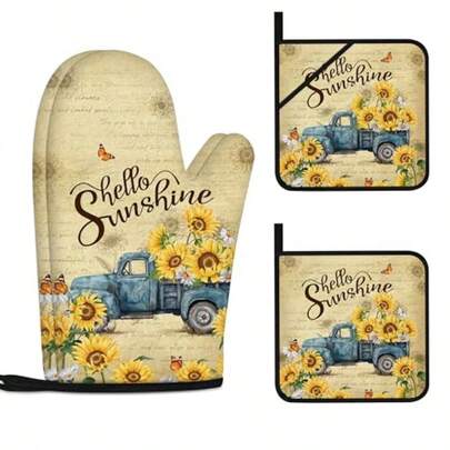 Sunflower Oven Mitts And Pot Holders Sets Vintage Floral Oven Gloves Heat Resistant 4 Pcs Farmhouse Decorative Kitchen Hot Pads And Mitts For Baking Cooking Grilling