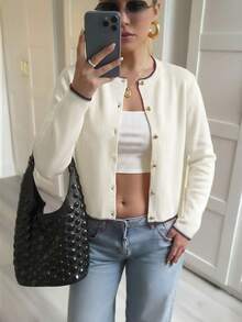 Women's Elegant Apricot Knit Cardigan, Autumn/Winter Style, Metal Button Sweater Top, Suitable For Work Commute, Outings And Holiday Wear - Apricot - View 6