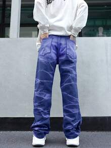 Men's Fashionable Casual Outdoor Ripped Straight Leg Jeans, Purple Leisure Street Jeans, Y2K Style Suitable For Urban Walking, Hanging Out, Outdoor Activities With Family - Dark Wash - View 5