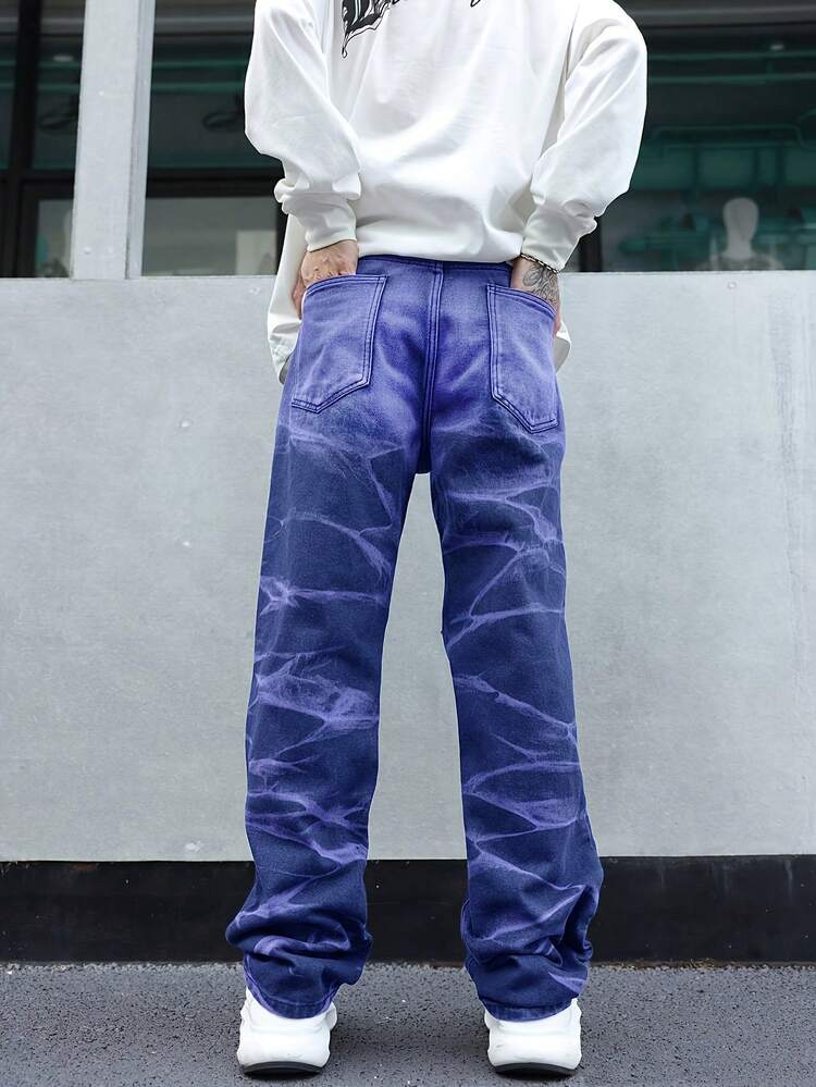 男士时尚休闲户外破洞直筒牛仔裤，紫色休闲街头风，Y2K风格，适合城市漫步、外出休闲、与家人进行户外活动 - 深色水洗藍 - 查看 5