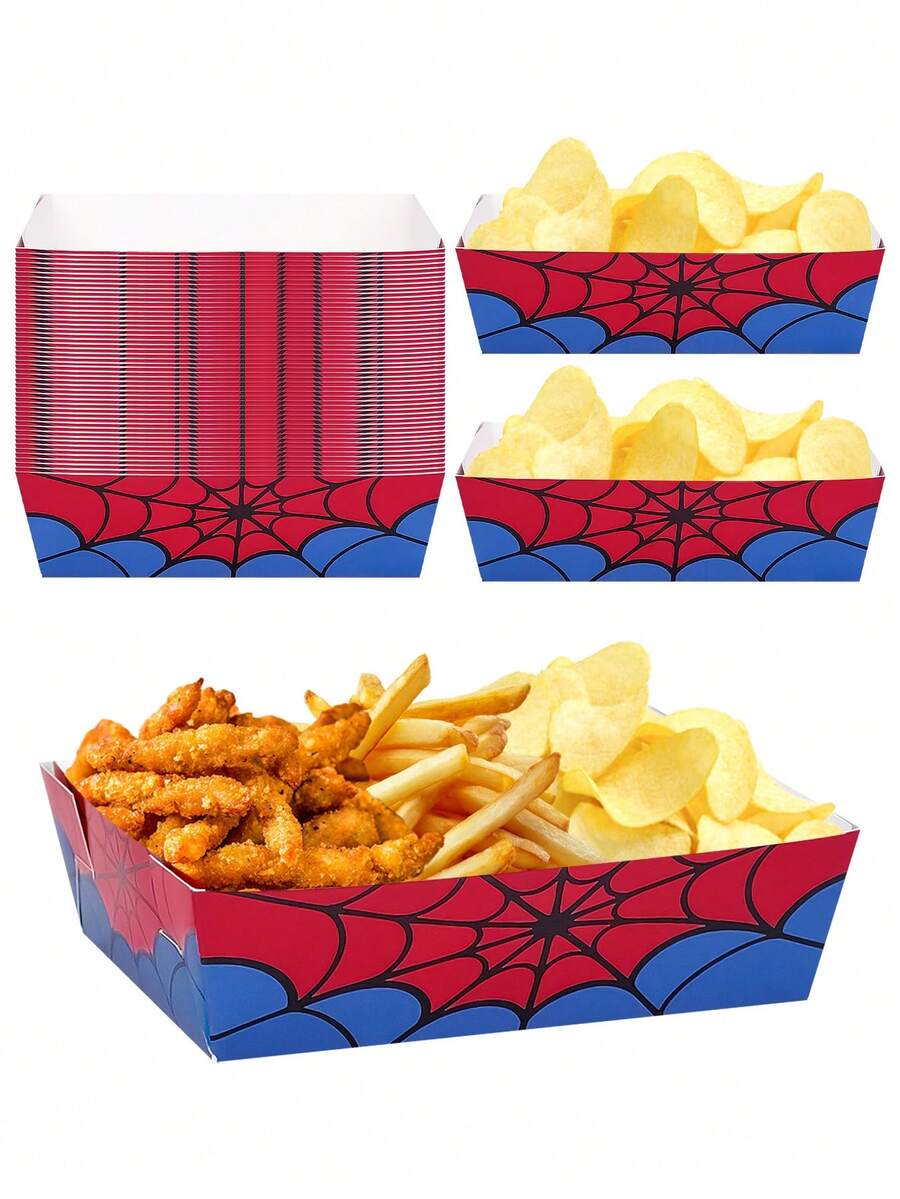 10pcs/30pcs/50pcs Halloween Spiderweb-Patterned Paper Food Trays Featuring A Red And Blue Design; Disposable Containers Suitable For Holding Snacks, Cookies, And Candy Perfect For Halloween, Day Of The Dead, And Birthday Party Decor. - Multicolor - View 1