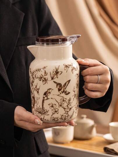 DearDali 1pc 38.8oz Vintage Beverage Pitcher With Brown Sketch Floral & Bird Pattern, Ceramic Water Bottle Summer Cold Drink Teapot, Ideal Cold Drink Container, Home Desktop Decor, Suitable For Daily Kitchen Use And Gift