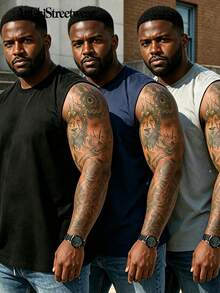 3pcs/Set Plus Size Men's Solid Color Casual Crew Neck Sleeveless Top, Suitable For Streetwear, Outdoor, Vacation, Daily Fitness, Commuting, Versatile - Multicolor - View 1