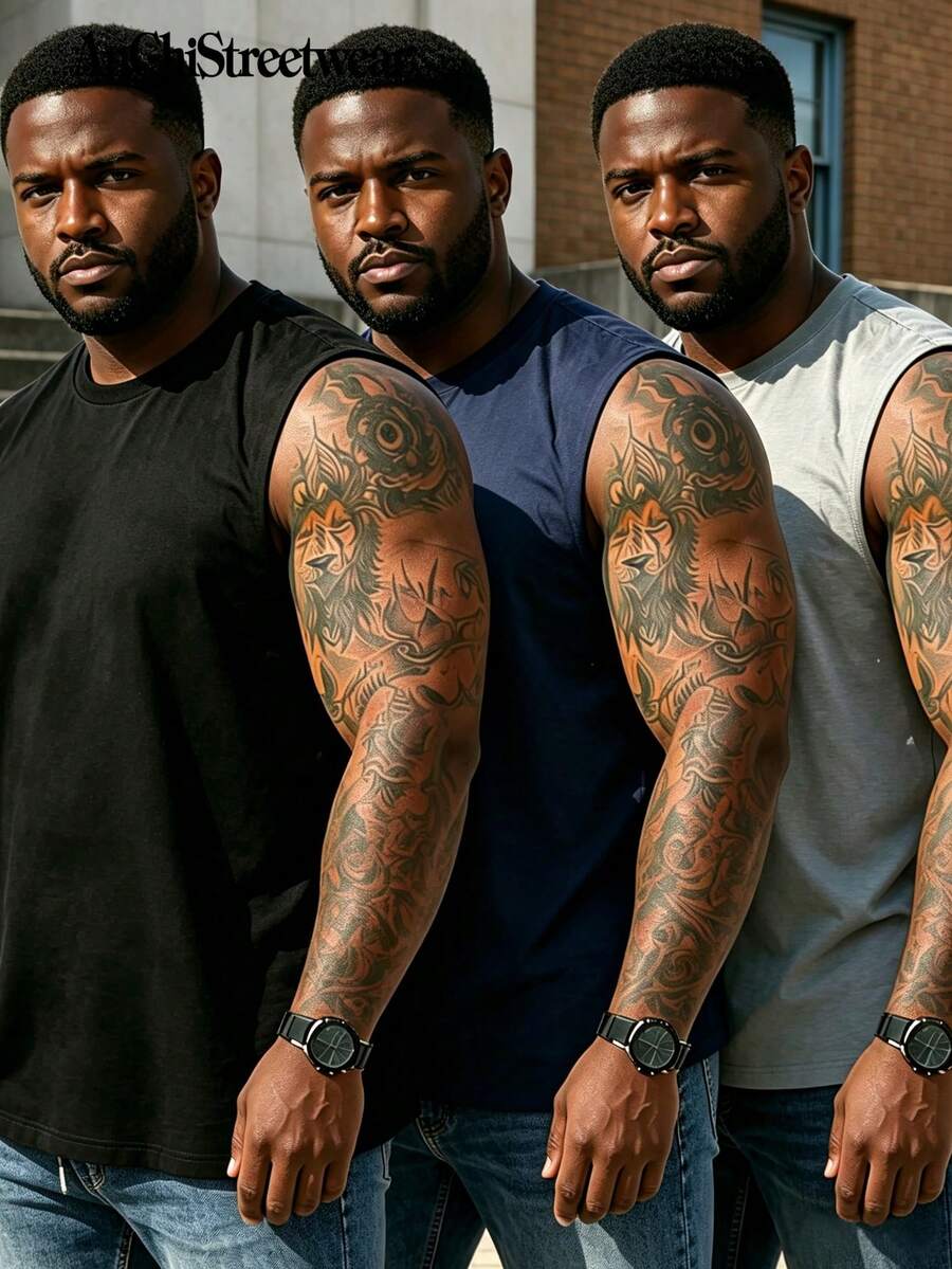 3pcs/Set Plus Size Men's Solid Color Casual Crew Neck Sleeveless Top, Suitable For Streetwear, Outdoor, Vacation, Daily Fitness, Commuting, Versatile - Multicolor - View 1