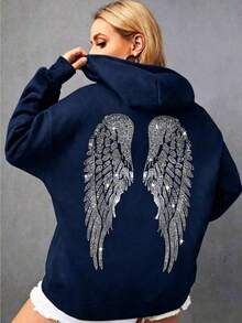 Women's Oversized Angel Wings Print Hoodie - Black Y2K Back Graphic Pullover,  Fall Winter  Streetwear , Comfy Oversized Silhouette2026 - 藏青色 - 查看 2