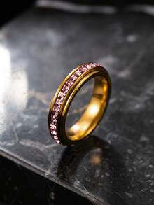 1pc Stainless Steel Gold Ring, Pave Set Colorful Square Rhinestone Thin Band, Versatile Accessory For Daily Wear, Date And Party - Multicolor - View 7