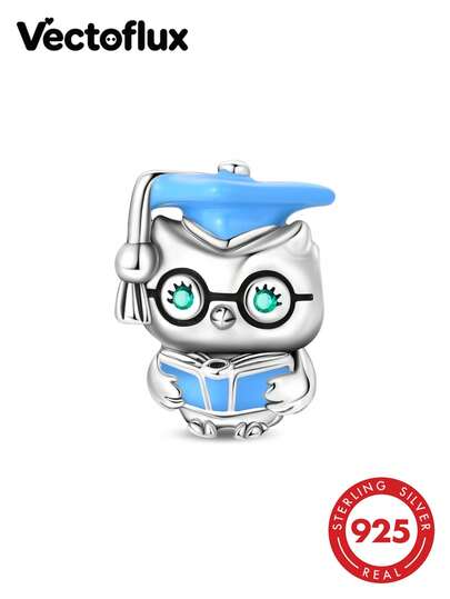 Vectoflux 1pc Cute Adorable Style S925 Sterling Silver Low Hypoallergenic Graduation Owl Blue Enamel Green Zirconia Beaded Charm Suitable For Bracelet Necklace Women's DIY Jewelry Making Birthday Gift