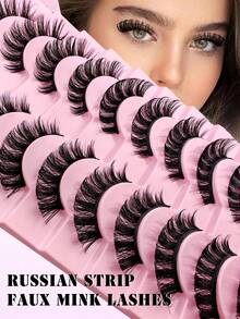 10 Pairs D Curl Russian Volume False Eyelashes, Cat Eye Effect, Natural Fluffy Faux Mink Lashes, Thick And Long, Create Charming Lifted Eye Makeup - Black - View 2
