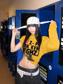 Street Style Lazy Casual Women's T-Shirt, Unique Letter Print Design, Autumn Long Sleeve Crew Neck Top - Yellow - View 3