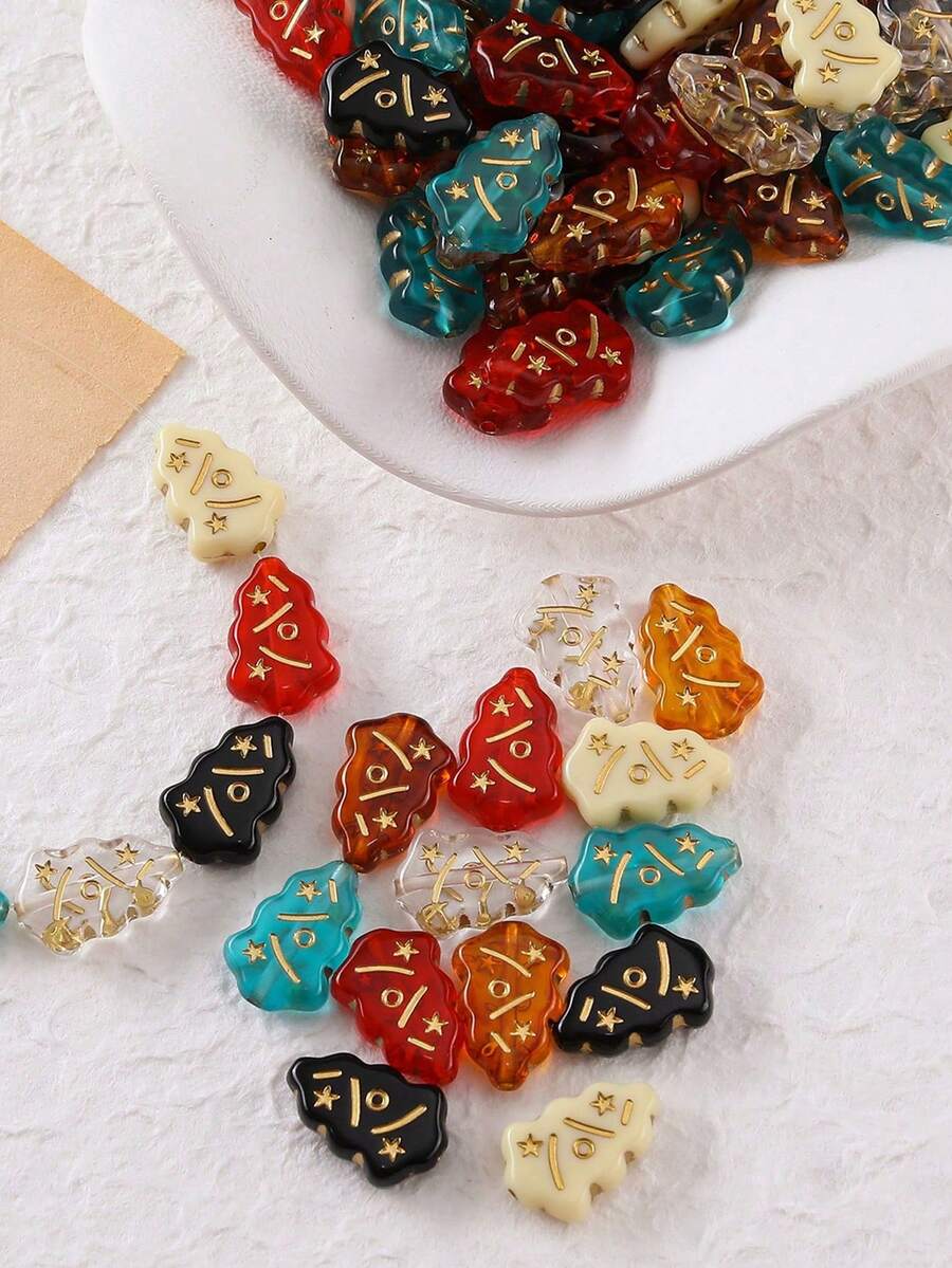 24pcs 11.5*17mm Acrylic Gold Foil Christmas Tree Spacer Beads DIY Handmade Phone Chain Bracelet Keychain Jewelry Accessories - Christmas Tree - View 1
