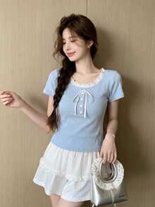 Color Block Summer 2 In 1 Patchwork Sweet Short Sleeve T-Shirt Top Casual - Dusty Blue - View 5