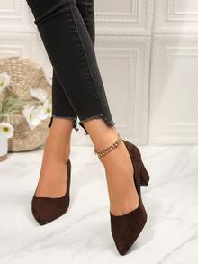 Women's High Heel Pumps, Chunky Square Heel, Spring/Autumn, Block Heels, Fine Suede Coated Fabric, Solid Color, No Print, Pointed Toe, Low Vamp - Coffee Brown - View 5