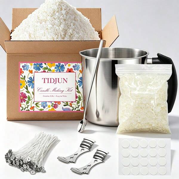 Tidjun Kit Pembuatan Lilin Lengkap untuk Pemula Dewasa, Set Bahan Aksesori Lilin DIY Termasuk 1 Kantong Serpihan Lilin Kedelai, Panci Pelebur Lilin Stainless Steel 1300ml, 20 Sumbu, 20 Stiker Sumbu, 2 Penahan Sumbu Tiga Lubang - Set Lengkap Alat dan Aksesori Pembuatan Lilin - Dekorasi Rumah dan Set Sumbu Lilin Buatan Tangan