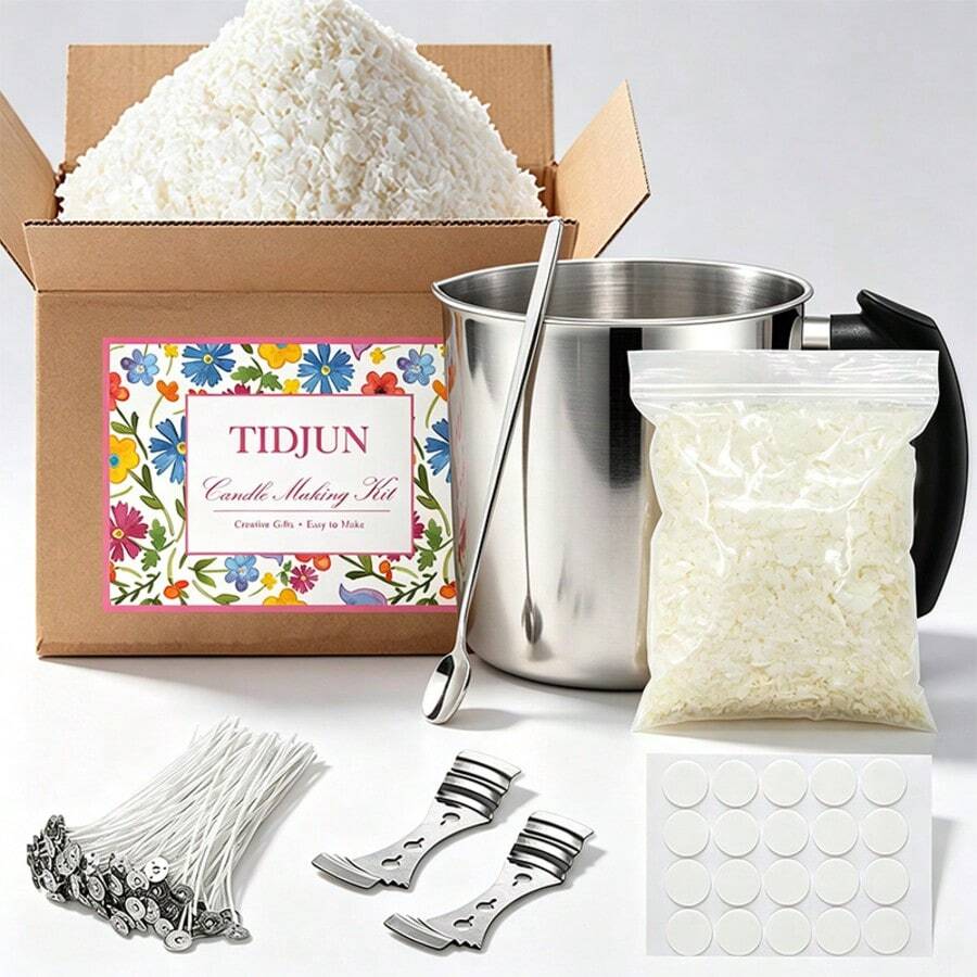 Tidjun Complete Candle Making Kit For Adult Beginners, DIY Candle Accessories Materials Include Soy Wax Flakes, 1300ml Wax Melting Pot, 20 Wicks, 20 Wick Stickers, 2 Wick Holders With 3 Holes - Full Set Of Candle Making Tools And Accessories - Home Decor And Handmade Candle Wick Set