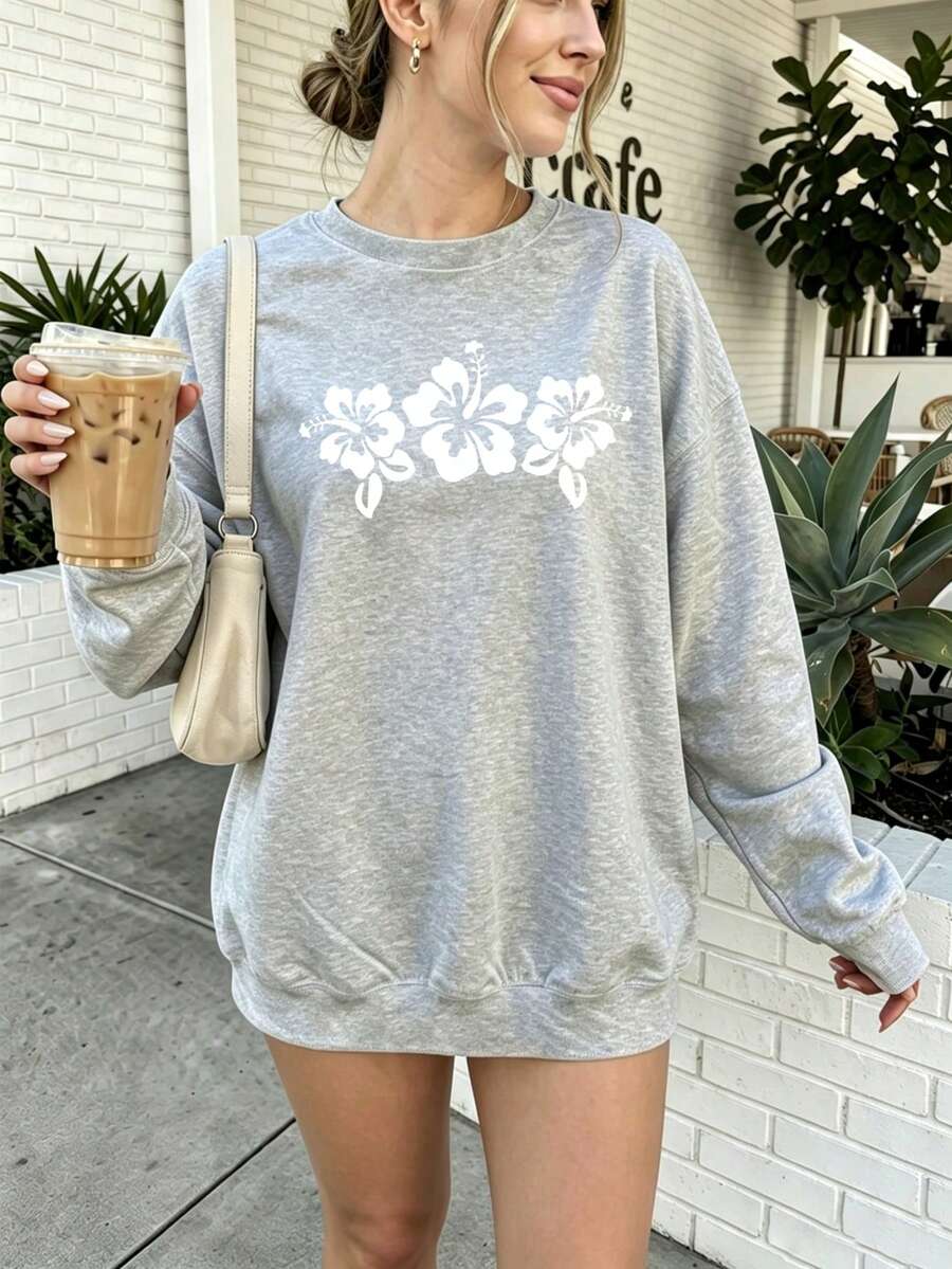 Women's Cream Long Sleeve Sweatshirt, Black Hibiscus Flower Graphic Print, Tropical Hawaiian Style Pullover Top, Casual Streetwear Fashion - Grey - View 1