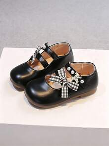 1 Pair Black Cute Bow Fashionable Slip-On Baby Shoes, Massage Insole, Soft Non-Slip Flat Sole, Suitable For All Seasons - Black - View 1