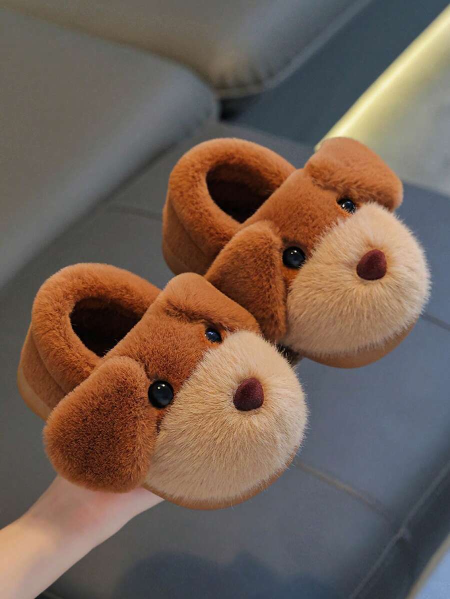1 Pair New Winter Girls' Plush Slippers, Cute Plush Dog Design, Warm Children's Slippers, Boys' Non-Slip House Shoes