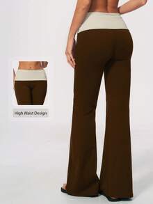 NcmRyu Women's 1pc Colorblock Folded High Waist Yoga Pants For Running And Gym, Flared Leg - Coffee Brown - View 3