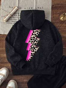 1pc Tween Girl Washed Leopard Print Lightning Hooded Sweatshirt, Pink Trim Sweet Cool Style Unisex Children Spring Autumn Loose Casual Sweatshirt - Black - View 3