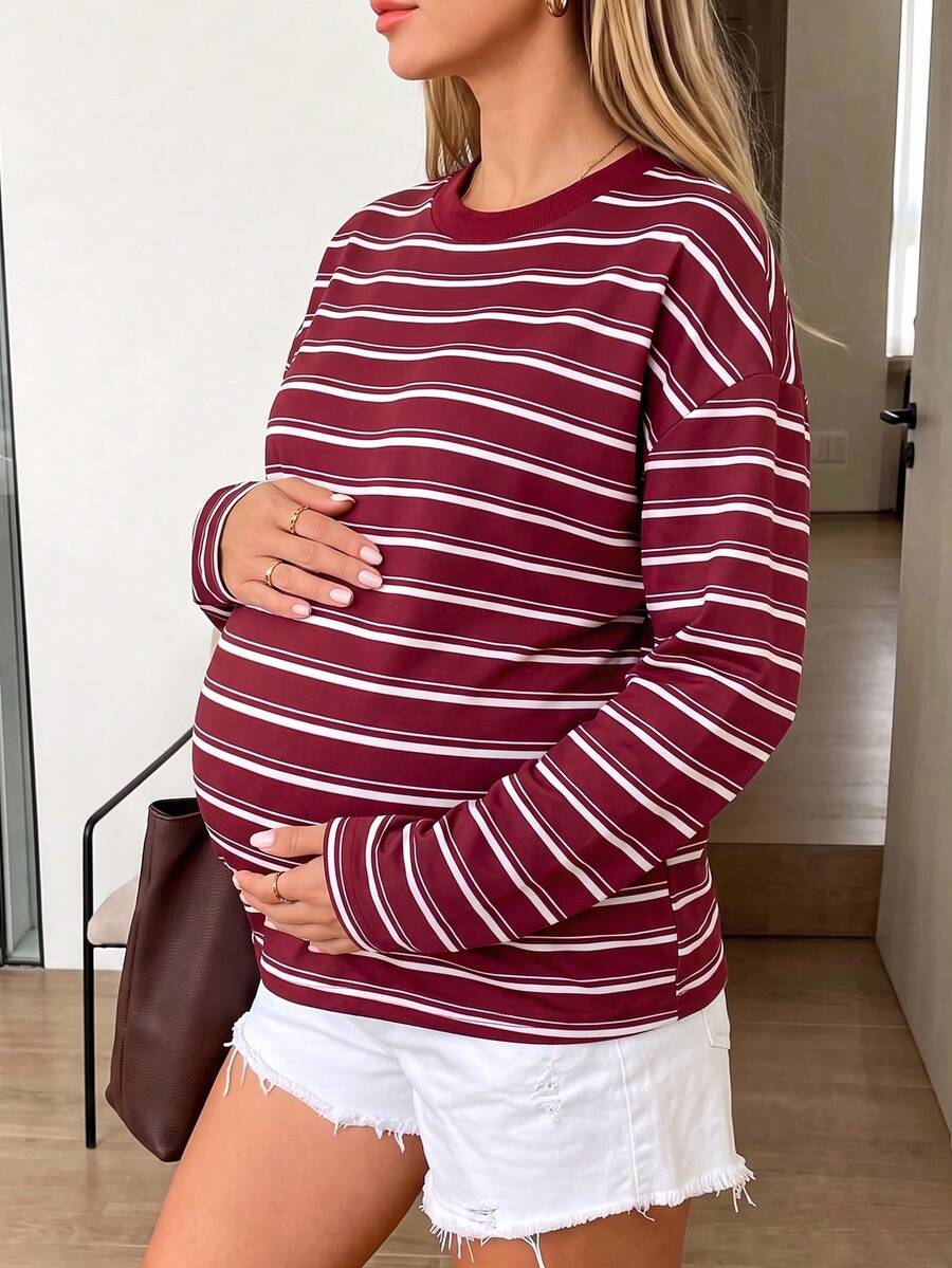 Maternity Burgundy Striped Sweatshirt - Crewneck Long Sleeve Medium Stretch Relaxed Fit For Daily Casual Loungewear - Burgundy - View 1