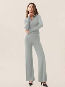 TimeOff Women's One Set Autumn/Winter Solid Color Stand Collar Jacket & High Waist Straight Leg Wide Leg Pants - Grey - View 7