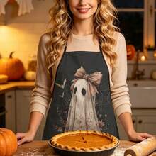 1pc Halloween Lace Ghost Print Apron, Featuring Bow Ghost, Withered Leaf, Bat, Spider Web Patterns, Durable Cooking Apron Suitable For Bakers, Cake Decorators, BBQ Enthusiasts, Gardeners, Painters, Nail Artists - Perfect Gift For Home And Professional Chefs - Multicolor - View 3