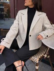 Jaket Pendek Wanita Longgar dengan Kerah Oversized, Detail Manset Kancing Tunggal, Jaket Pendek Kasual untuk Sehari-hari di Jalanan, Cocok untuk Musim Gugur. - Aprikot - View 6