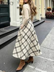 DONICY Women's White Diagonal Plaid High Waist A-Line Midi Skirt, Flowy Hem Long Skirt, Suitable For Spring And Autumn Daily Wear - White - View 2