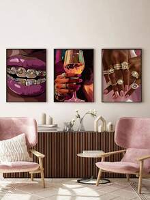 3pcs Set Pink African Woman & Golden Jewelry Canvas Wall Art Prints - Frameless, Perfect For Living Room, Bedroom, Office, And Kitchen Decor - Abstract Style a - View 2