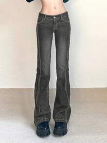 Women's Y2K Flared Jeans With Pockets, Autumn Casual Spring Fall - Dark Grey - View 5